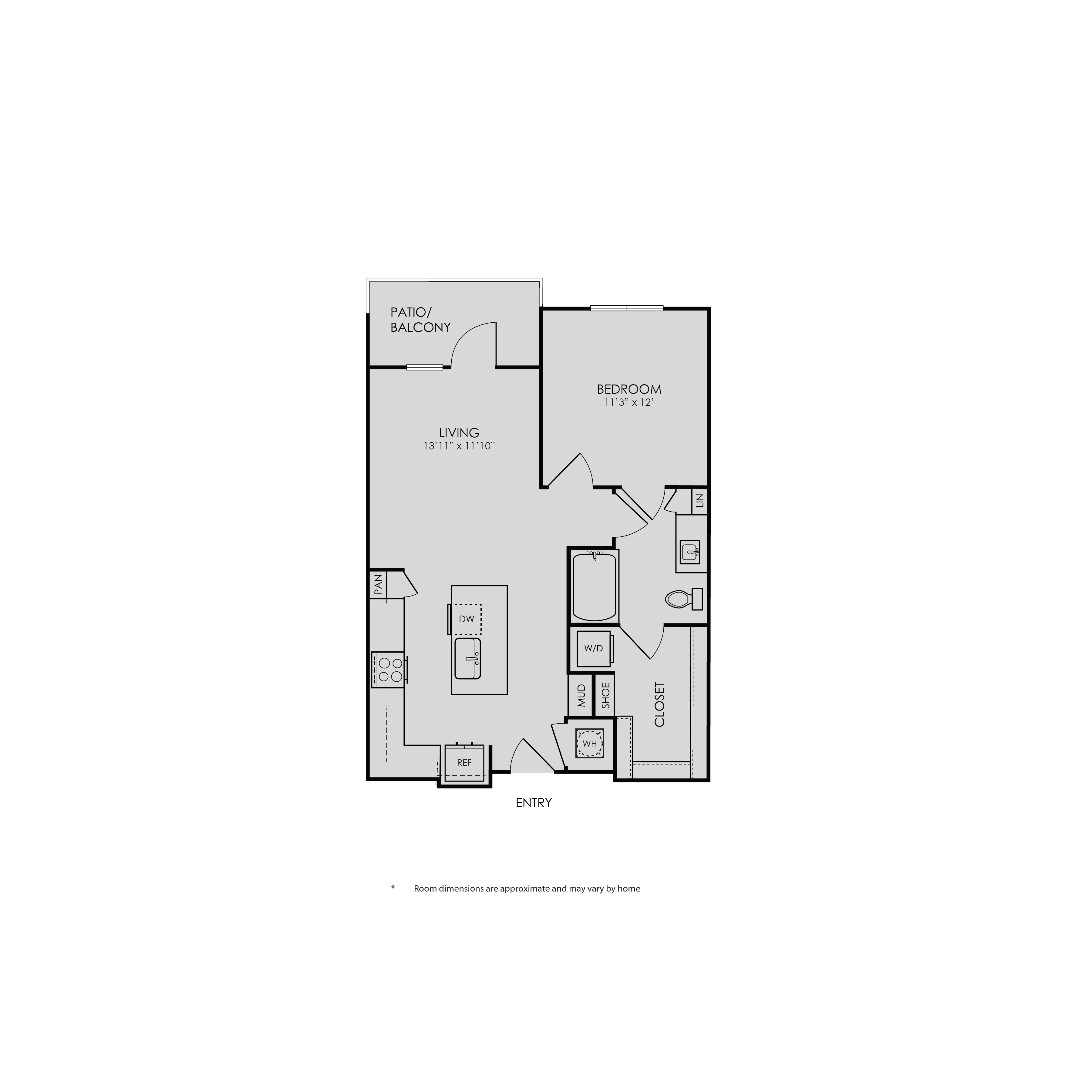 Floor plan for 1 bed, 1 bath, 742 sqft